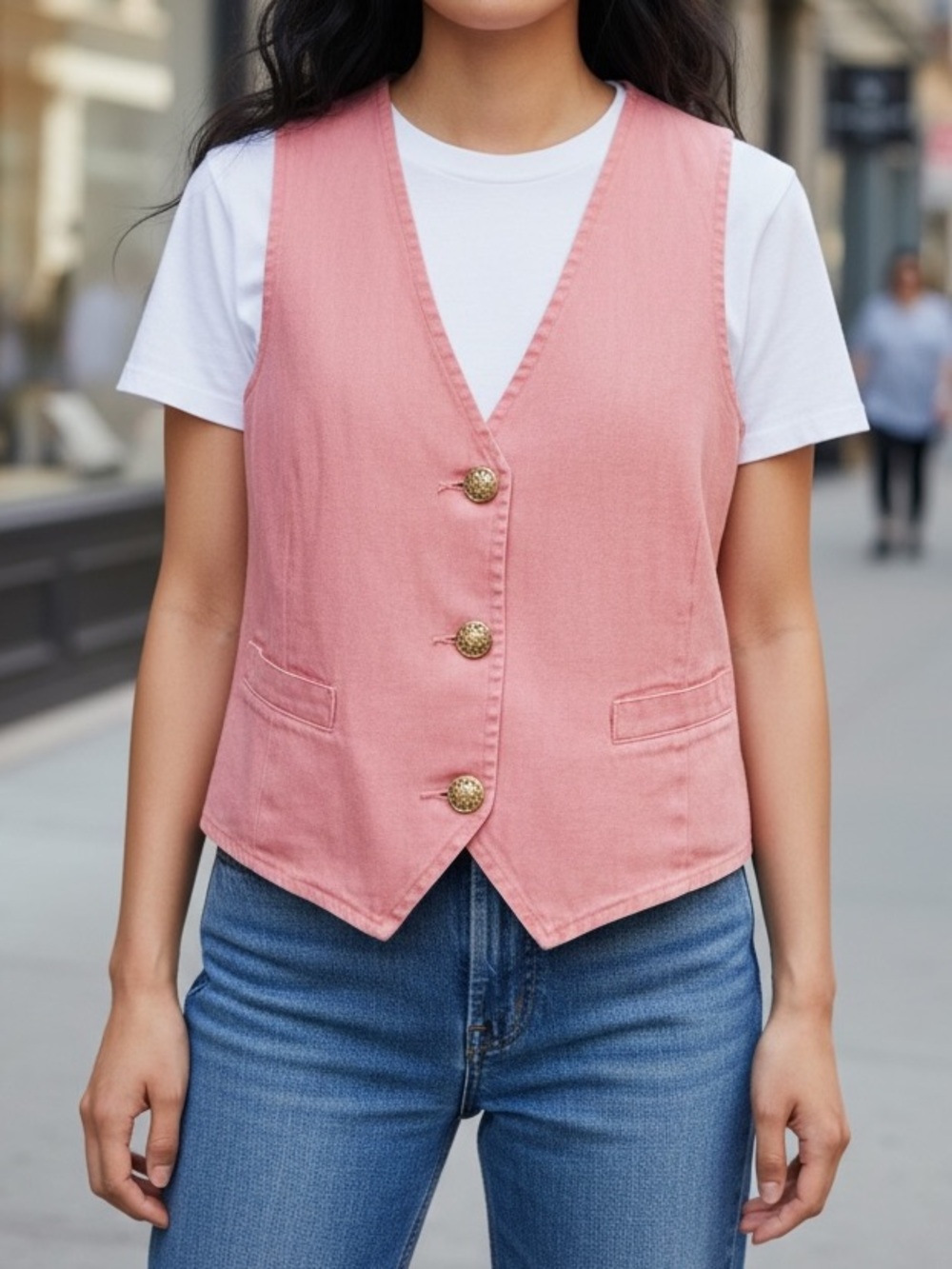 Women’s Pink Button Up Denim Vest with Front Pockets & Gold Buttons Size S